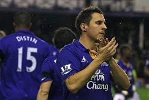 Images Dated 4th January 2012: Everton Players, Led by Phil Jagielka, Pay Tribute to Fans Before Kick-off vs Bolton Wanderers