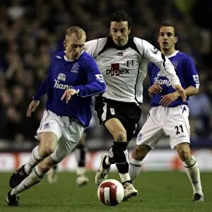 Images Dated 6th April 2007: Everton v Fulham Tony Hibbert in action against Simon Davies