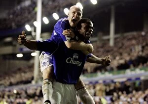 Andy Johnson Collection: Everton v Fulham Victor Anichebe celebrates his goal with Andrew Johnson