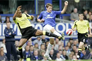 Everton v Manchester City Manchester Citys Sylvain Distin and Evertons James Beattie