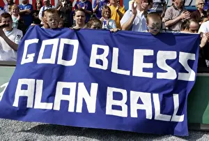 Everton v Manchester United Young Everton fans hold a banner to commemorate Alan Ball