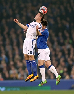 Everton vs Chelsea: Aerial Battle Between Azpilicueta and Baines in Emirates FA Cup Quarterfinals at Goodison Park