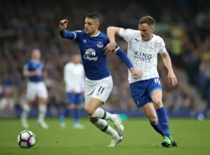 Football Soccer Prints: Everton vs Leicester City: Intense Battle for Possession at Goodison Park