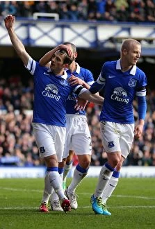 FA Cup : Round 5 : Everton 3 v Swansea City 1 : Goodison Park : 16-02-2014 Collection: Everton's Baines and Naismith: Unstoppable Duo Celebrates FA Cup Goal vs Swansea City (Everton 3-1)