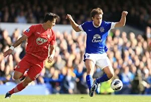 Images Dated 29th September 2012: Everton's Battle for Ball Supremacy: Jelavic vs Fonte (3-1)
