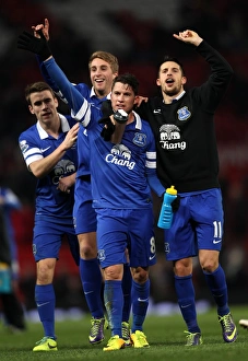 Manchester United 0 V Everton 1 : Old Trafford : 04-12-2013 Prints: Evertons Bryan Oviedo (centre) celebrate with his team-mates after the game
