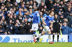 Everton 3 V Swansea City 2 : Goodison Park : 22-03-2014 Prints: Everton's Double Delight: Lukaku and Baines Celebrate Second Goal vs Swansea (22-03-2014)