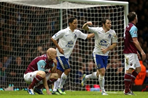 West Ham United 1 V Everton 2 : Upton Park : 22-12-2012 Prints: Everton's Double Delight: Pienaar and Baines Celebrate as West Ham Express Disappointment (22-12-2012)