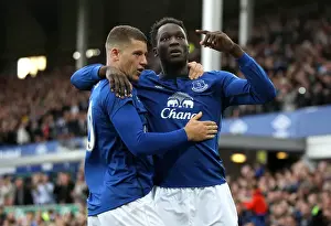 Celebration Football Half Length Mid Prints: Everton's Double Threat: Lukaku and Barkley Celebrate Glory at Goodison Park