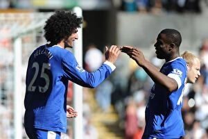 Images Dated 22nd September 2012: Everton's Fellaini and Anichebe: Celebrating a Goal in Everton's 3-0 Victory Over Swansea City