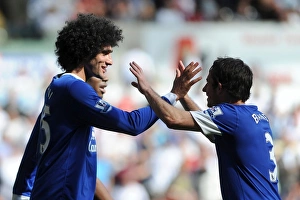 Swansea City 0 V Everton 3 : Liberty Stadium : 22-09-2012 Prints: Everton's Fellaini and Baines: Celebrating a Goal in Swansea City's 0-3 Defeat (Premier League)