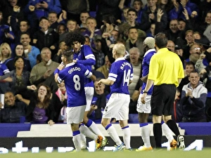 Everton's Fellaini Scores Second Goal, Team Celebrates Capital One Cup Victory over Stevenage (28-08-2013)