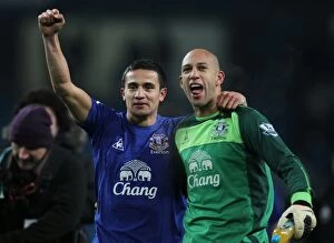 20 December 2010 Manchester City v Everton Collection: Everton's Glorious Victory: Tim Cahill and Tim Howard's Jubilant Celebration at The Etihad