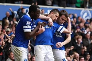 Images Dated 20th April 2014: Everton's Glory: Triumphant Triumph over Manchester United - Mirallas, Lukaku, Coleman