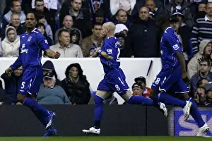 Everton's Historic First Goal of the 07-08 Season: Lescott, Johnson, and Anichebe Celebrate at White Hart Lane Against Tottenham Hotspur