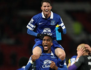 Manchester United 0 V Everton 1 : Old Trafford : 04-12-2013 Prints: Everton's Historic Upset: Oviedo and Distin Celebrate 1-0 Victory at Old Trafford (December 4)