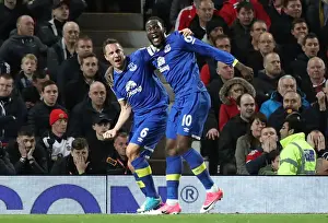 Football Soccer Prints: Everton's Jagielka and Lukaku Celebrate First Goal Against Manchester United in Premier League
