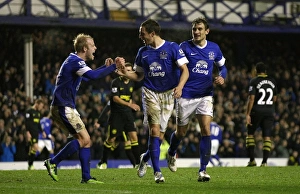 Everton 2 V Wigan Athletic 1 : Goodison Park : 26-12-2012 Prints: Everton's Jagielka and Naismith: Celebrating a Winning Moment at Goodison Park (26-12-2012)