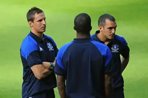 02 August 2011 Werder Bremen V Everton Prints: Everton's Jagielka and Osman Pre-Match Huddle at Werder Bremen (02.08.2011)