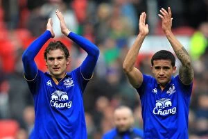 Images Dated 22nd April 2012: Everton's Jelavic and Cahill Unite in Appreciation: Everton's Historic Victory at Old Trafford