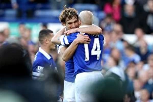 Images Dated 14th September 2013: Everton's Jelavic and Naismith: Celebrating a Historic Victory Over Chelsea (14-09-2013)