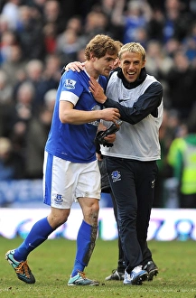 Everton 2 V Manchester City 0 : Goodison Park : 16-03-2013 Prints: Everton's Jelavic and Neville: Celebrating Victory Over Manchester City (2-0)