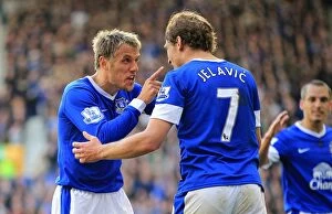 Images Dated 29th September 2012: Everton's Jelavic and Neville: A Celebration of Victory - Everton 3-1 Southampton (Goodison Park)