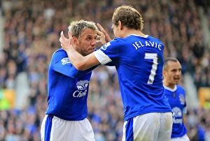 Images Dated 29th September 2012: Everton's Jelavic and Neville: A Celebratory Moment as Everton Takes a 3-1 Lead over Southampton