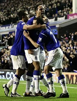 Images Dated 7th December 2008: Everton's Joleon Lescott Scores First Goal, Celebrates with Tim Cahill and Leon Osman (08/09)