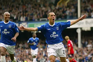 Everton's Leon Osman Celebrates Goal in Barclays Premiership Match vs West Bromich Albion at Goodison Park (2004)