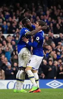 Everton V West Bromwich Albion - Goodison Park Prints: Everton's Lukaku and Barkley Celebrate Third Goal Against West Bromwich Albion in Premier League