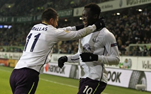 Framed Print : Everton's Lukaku and Mirallas: United in Victory - Celebrating First Goal vs. VfL Wolfsburg (UEFA Europa League)