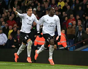Aston Villa V Everton - Villa Park Prints: Everton's Lukaku Scores and Celebrates with Funes Mori: Aston Villa (BPL)