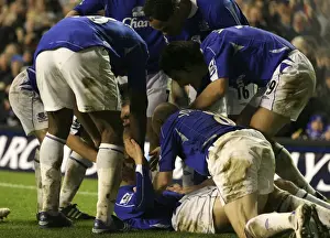 Everton's Phil Neville: Celebrating a Goal with Team Mates vs Newcastle United