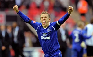 Images Dated 19th April 2009: Everton's Phil Neville: FA Cup Semi-Final Victory Celebration vs. Manchester United (April 19, 2009)