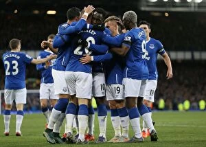 Everton v Aston Villa - Goodison Park Collection: Everton's Romelu Lukaku Celebrates Second Goal Against Aston Villa in Premier League