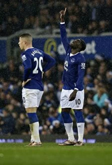 Images Dated 19th December 2015: Everton's Romelu Lukaku: Celebrating His Opening Goal Against Leicester City at Goodison Park