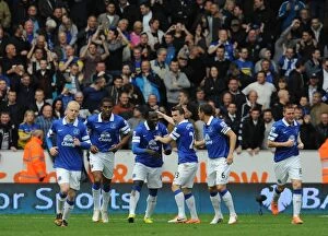 Images Dated 11th May 2014: Everton's Romelu Lukaku Scores and Celebrates Second Goal Against Hull City in Barclays Premier