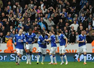 Everton's Romelu Lukaku Scores and Celebrates Second Goal Against Hull City in Barclays Premier League