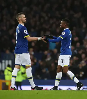 Soccer Football Prints: Everton's Schneiderlin and Lookman Celebrate Premier League Victory Over Manchester City at Goodison Park