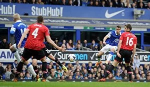 Images Dated 20th April 2014: Everton's Seamus Coleman Scores Stunner: Everton Takes 2-0 Lead Over Manchester United (April 21)