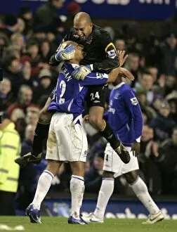 Everton v West Ham United Collection: Evertons second goal scorer Vaughan celebrates with Howard following their English Premier League s
