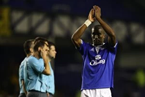 Images Dated 17th September 2009: Everton's Sylvain Distin Celebrates Europa League Victory at Goodison Park