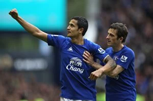 Images Dated 17th October 2010: Everton's Tim Cahill and Leighton Baines Celebrate Historic First Goal Against Liverpool at