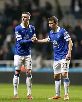 Everton's Triumph: Coleman and Stones Jubilant Celebration at St. James Park (Newcastle 0-3 Everton, March 25, 2014)