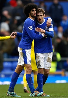 Everton 3 V Reading 1 : Goodison Park : 02-03-2013 Prints: Everton's Triumph: Fellaini and Jelavic's Embrace (3-1 vs Reading)
