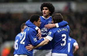 Images Dated 23rd February 2013: Everton's Triumph: Fellaini, Pienaar, and Baines Celebrate Goal Against Norwich City (23-02-2013)