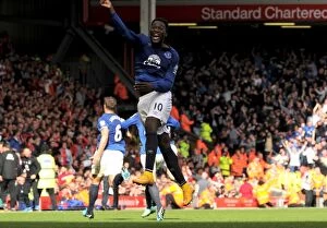 Images Dated 27th September 2014: Everton's Unforgettable Moment: Lukaku and Jagielka Celebrate First Goal Against Liverpool at
