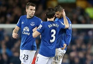 Images Dated 15th December 2014: Everton's Unforgettable Moment: Mirallas, Baines, and Coleman's Triumphant Celebration after