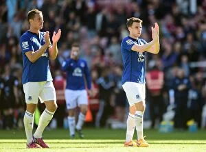 West Ham United v Everton - Upton Park Collection: Everton's Unified Victory: Coleman and Jagielka Salute the Faithful (West Ham United vs Everton)